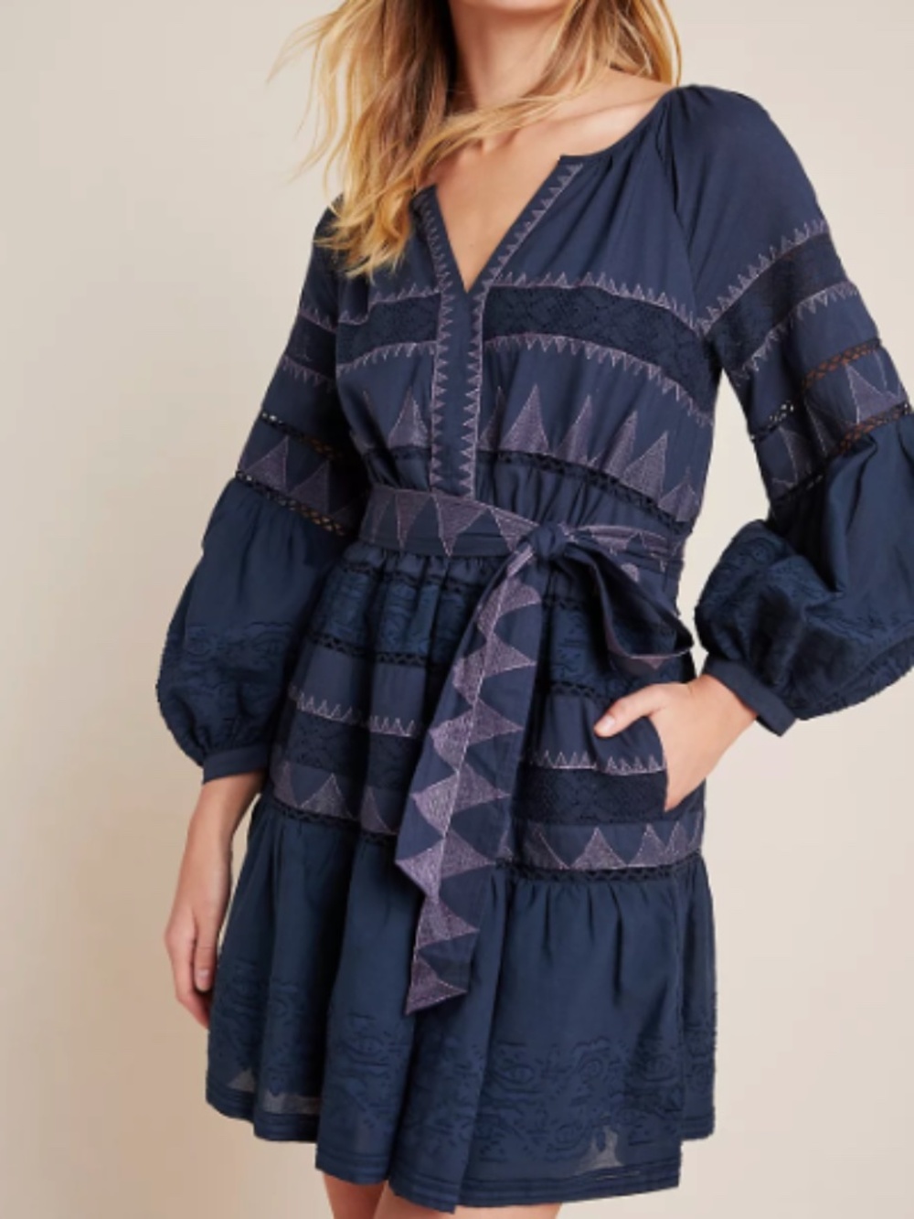 Anthropologie Skye Embroidered Mini Dress in Navy Bohemian